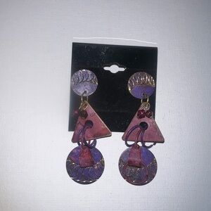 ♦️ Purple, Copper and‎ Brass Multi Shape Dangle Earrings. Used